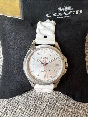 Coach White Silicone Strap Silver Dial Watch with Pink Seconds Hand